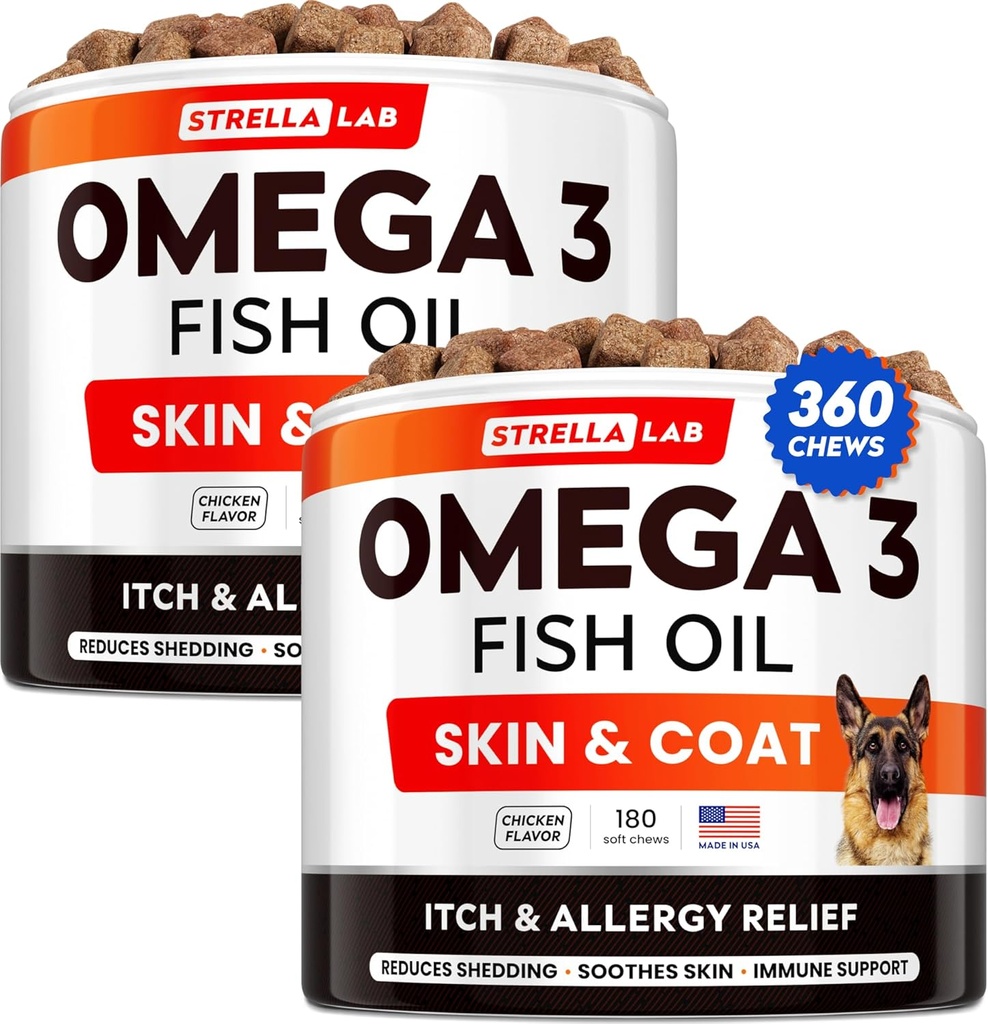 STRELLALAB Omega 3 pre psy - (360Ct) Rybí olej Ošetrenia - Alergia a svrbenie Relief Skin & Coat Supplement - Suchá svrbiaca koža, Anti Shedding & Hot Spots Liečba - Pet Salmon Oil Chews - Kuracie príchuť