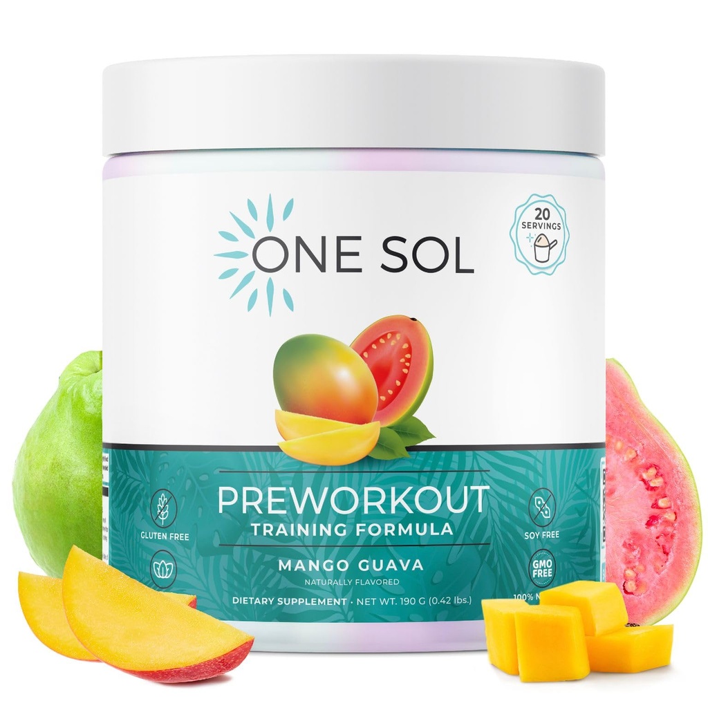 One Sol Pre-Workout pre ženy, Vylepšené čerpadlo a zameranie, Žiadne nervy alebo Crash, Prírodné zložky, 100% Vegan, Gluten Free & Soy Free, (Mango Guava)