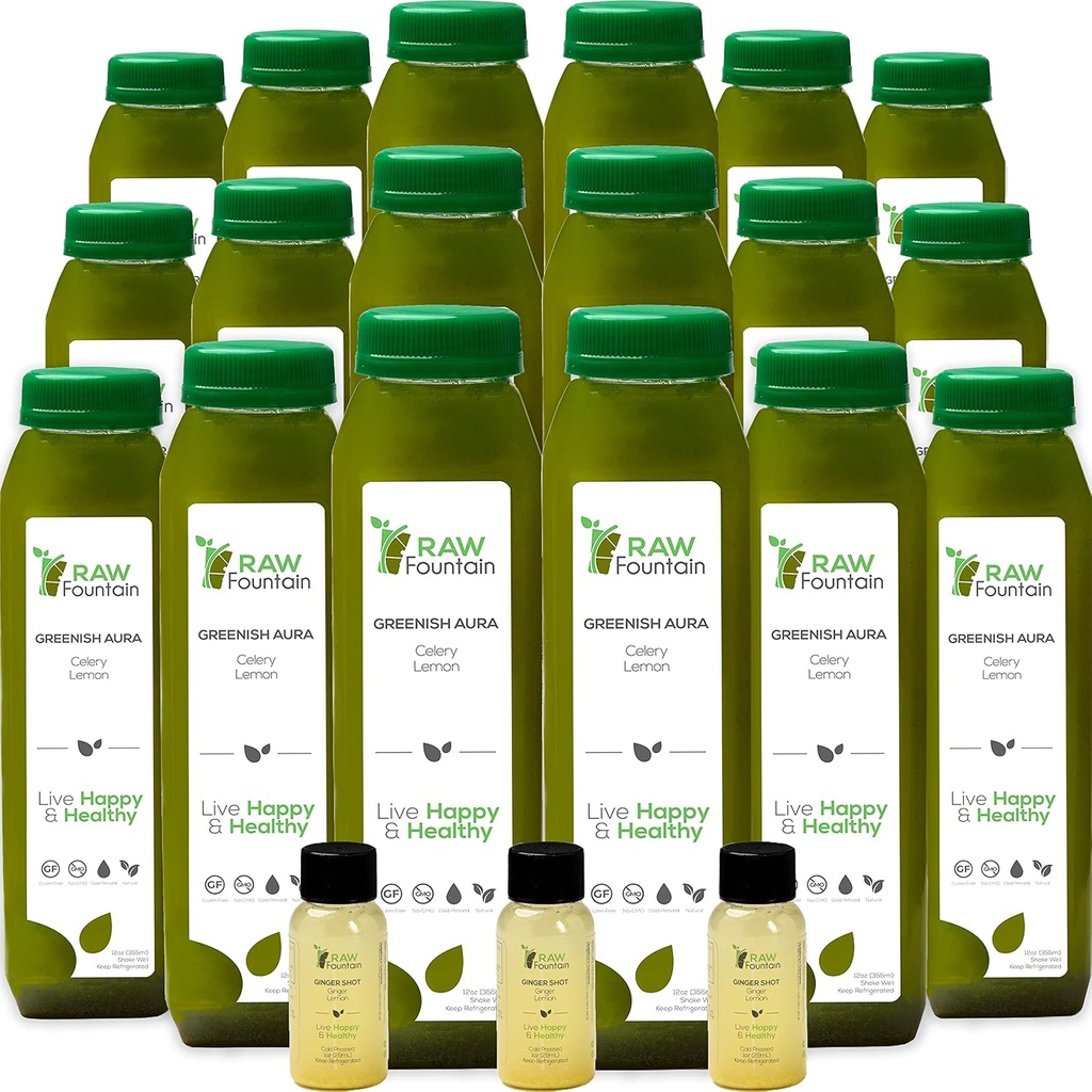Zelerová šťava Čistí Raw Fountain, All Natural Raw, Cold Pressed Juice, Morning Detox Cleanse, 30 fliaš 12oz, 5 Bonus Ginger Shots