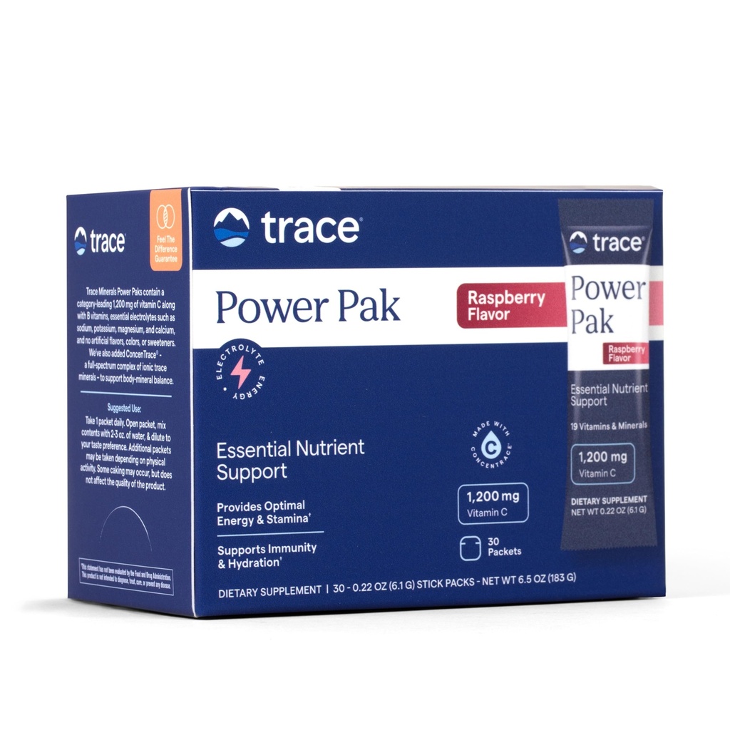 Trace Minerály Power Pak Multivitamínové a multiminerálne pakety - Elektrolytová podpora - 1200 mg Vitamín C Plus 70 Malinová príchuť - 30 Paketov