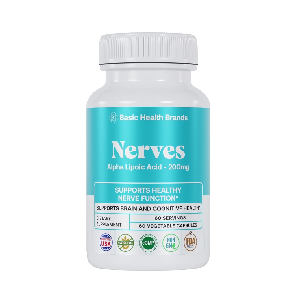 Základné značky Nerves Alpha Kyselina lipová, 200 mg, Neurón Funkcia (Pack of 1)