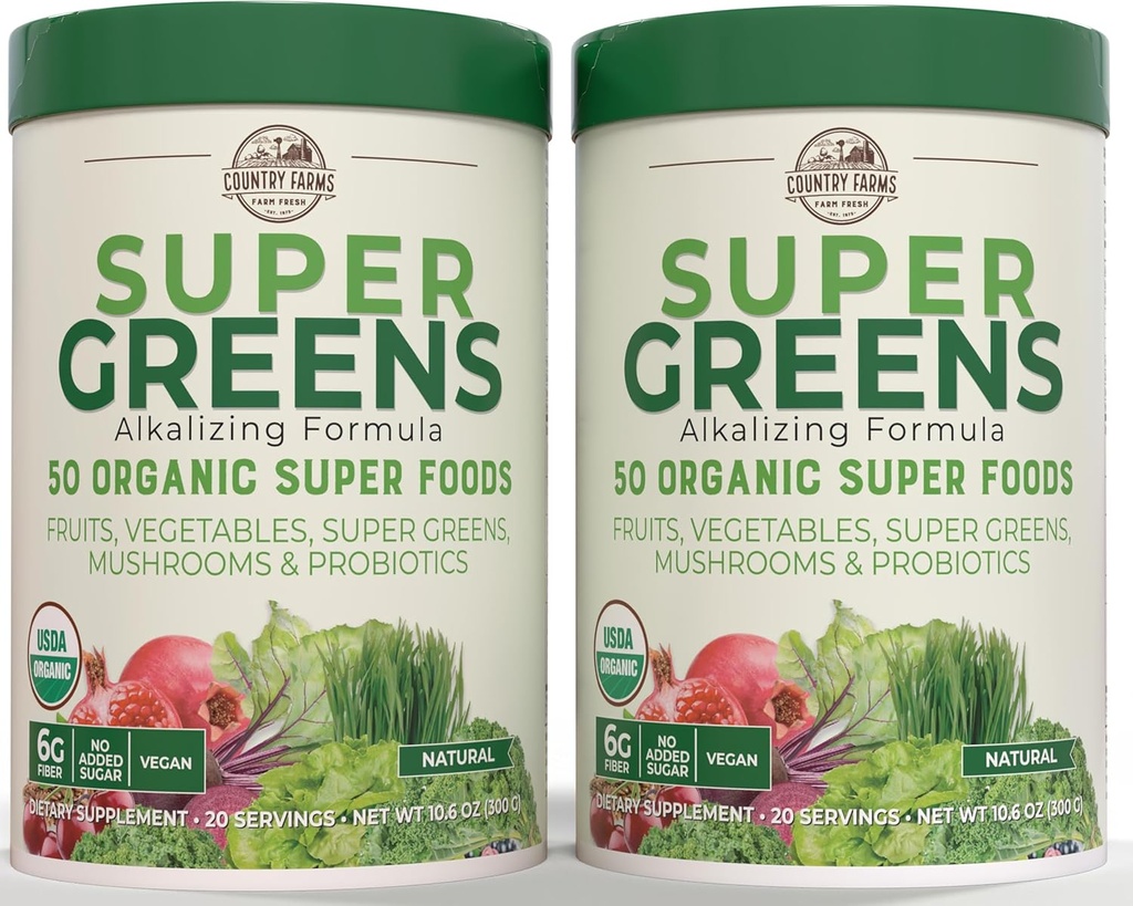 Country Farmy Super Greens Natural Flavor, 50 Organic Super Foods, USDA Organic Drink Mix, Ovocie, Zelenina, Super Greens, Huby a probiotiká, Supports Energy, 40 Servings, 10.6 Oz, 2 balenie