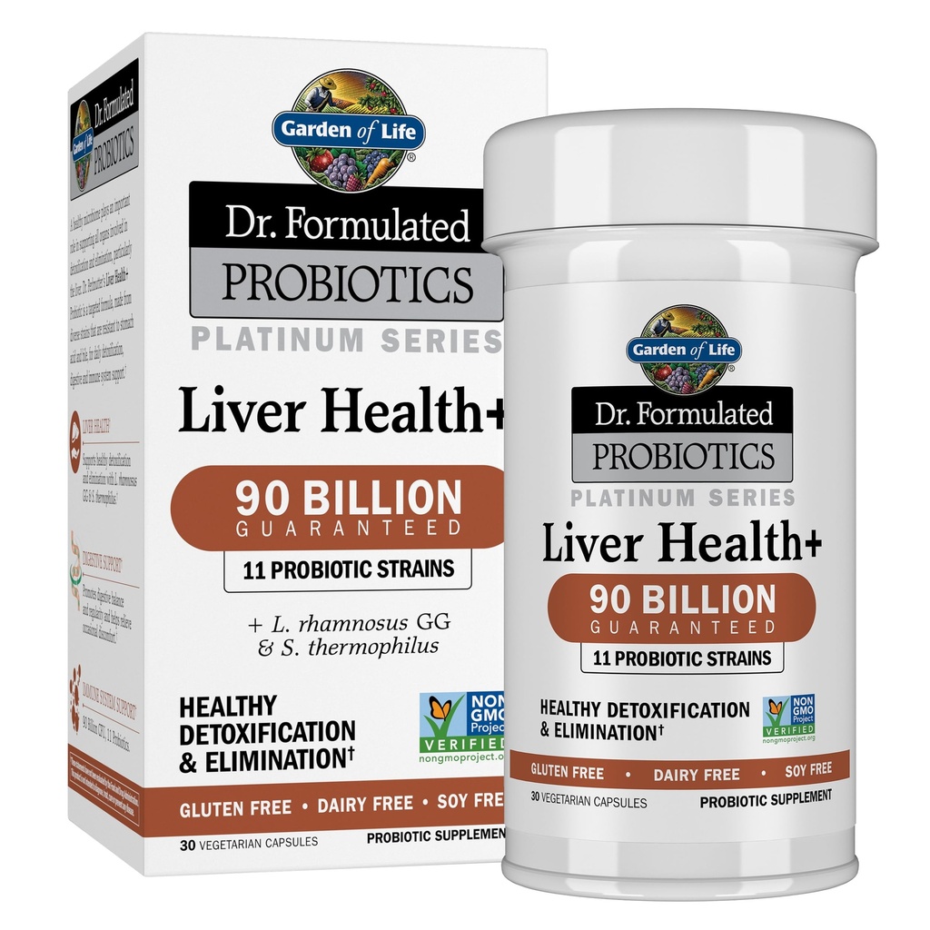Záhrada života Dr. Formulované probiotiká Platinum Series Liver Health+ 90 Milión CFU Garantovaný, Jeden deň Probiotikum pre zdravé detoxikácie a Eliminácia Podpora, Vegan, Gluten zadarmo, 30 Kapsule