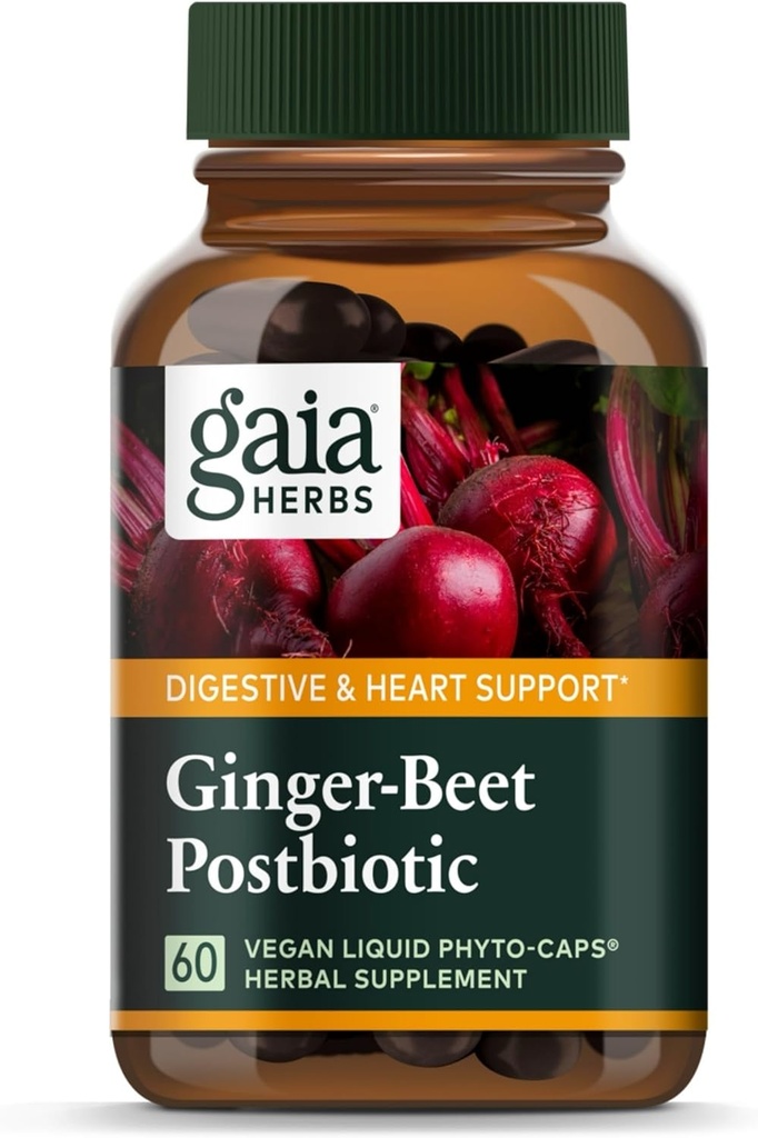 Gaia byliny Ginger-Beet Postbiotic - Supplement for Gut & Heart Health Support - Made with Organic Fermented Beets & Ginger - Free from Dairy, Soy & Gluten - 60 Vegan Capsules (30 Servings)