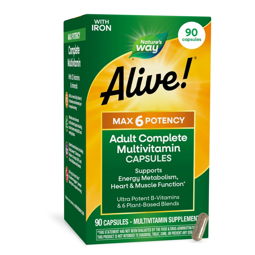 Príroda žije! Max6 Sila dospelý Kompletný multivitamín, so železom, vitamíny A, C, E & B-vitamíny vrátane metylovaného B12 a folátu, podporuje energetický metabolizmus*, 90 kapsúl (Backaging May Vary)