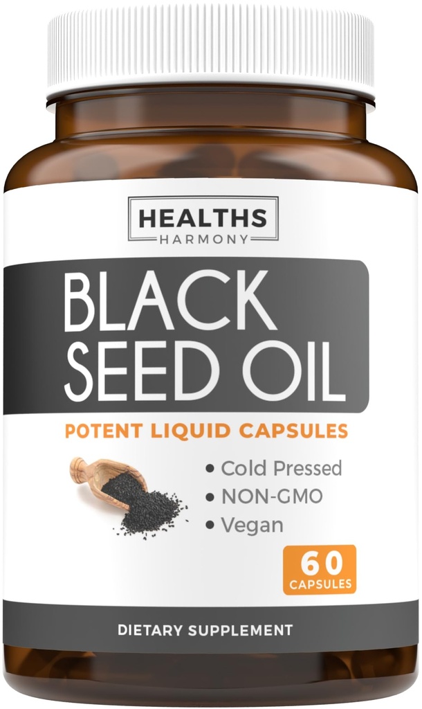 Black Seed Oil - 60 Softgel kapsuly (non-GMO & Vegan) Premium Cold-Premium Nigella Sativa Producing Pure Black Cumin Seed Oil with Vitamin E - 500mg Each, 1000mg per 2 Capsule Serving
