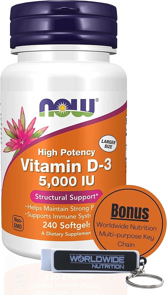Celosvetová výživa Doplnky Vitamín D3 5000 IU Softgels - High Potency Formula pre štrukturálnu podporu D 240 Počet vitamínov, Organic & Keychain