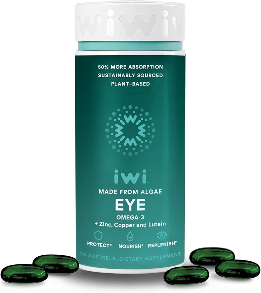Iwi Life Eye Omega-3, 30 Softgels (30 Servings), Vegan Plant-Based Algae Omega 3 s EPA + DHA, Zdravé oči & Vision Podpora Dietary Supplement, Krill & Fish Oil Alternatíva, žiadne ryby dochuť