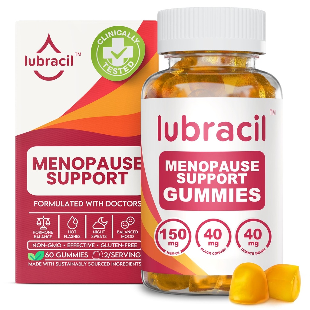 Lubracil Menopauza Gummy pre ženy - Menopauzálne doplnky pre horúce riasy, nočné potenie, Mood Swings a Hormonálna rovnováha - Denné vitamíny s Black Cohosh & Ashwagandha - 60 Gummy (Pack of 1)