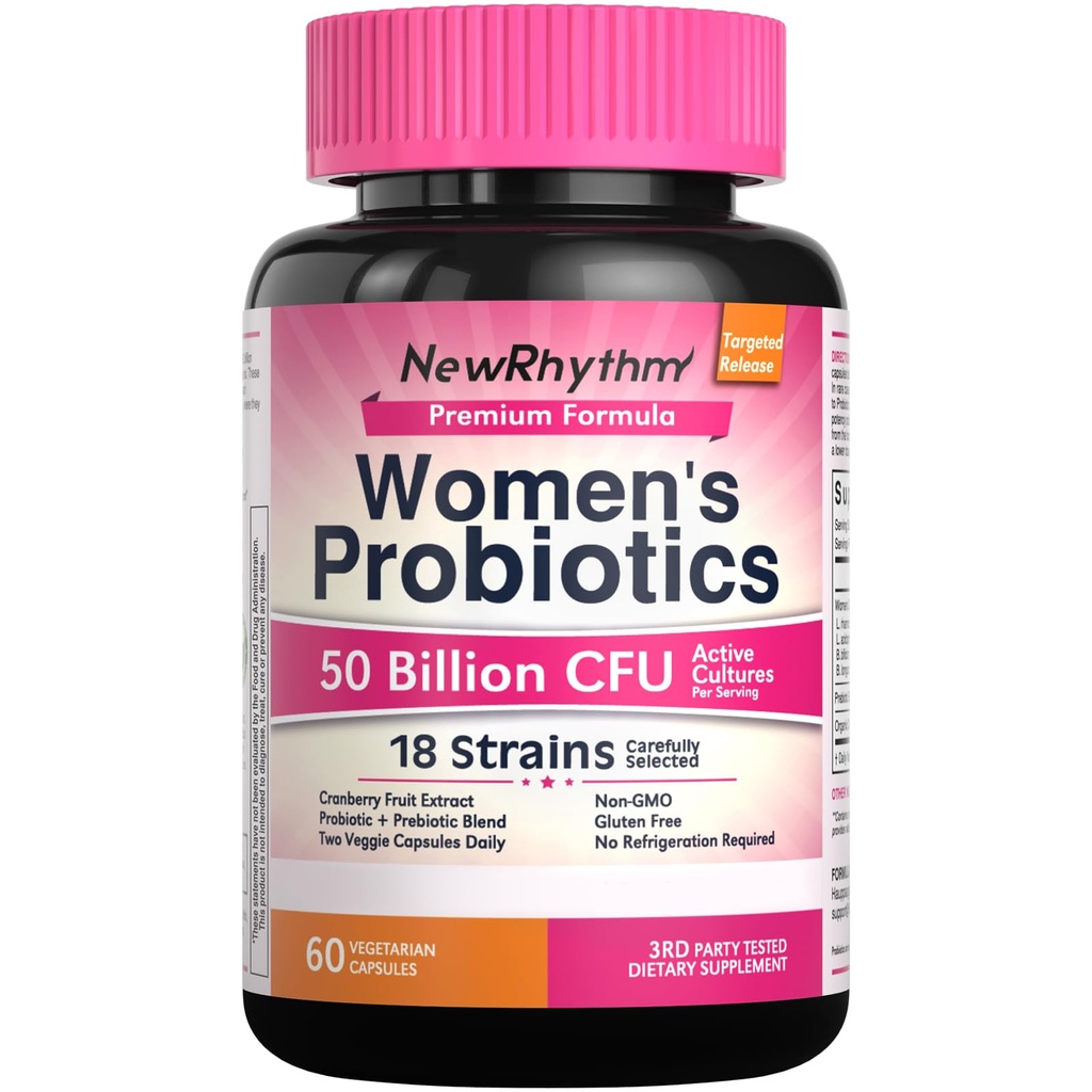 NewRhythm Ženské probiotiká, Organic Cranberry for Women's Vaginal Health, 50 miliárd CFU 18 Kmene, Probiotiká a prebiotiká, Podpora Tráviace zdravie, 60 Vegan Kapsule