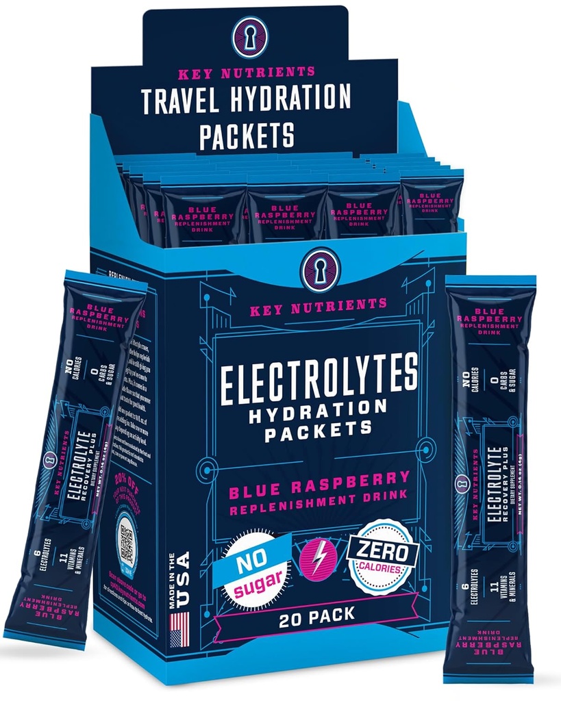 KĽÚČOVÉ NUTRIENTY Elektrolyty Powder Pakety 20 Balíčky - bez cukru, Delicious Blue Malinová, Hydratačné pakety s práškom Electrolyte pre osviežujúci nápoj Mix pakety - Zero kalórií