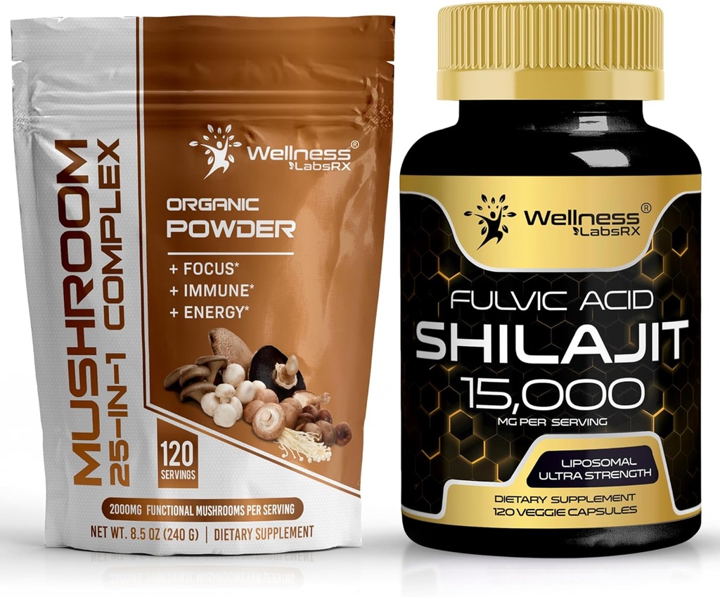 WELLNESS LABSRX Mushrom Powder 2000mg - Shilajit Pure Himalayan 15,000mg kapsuly