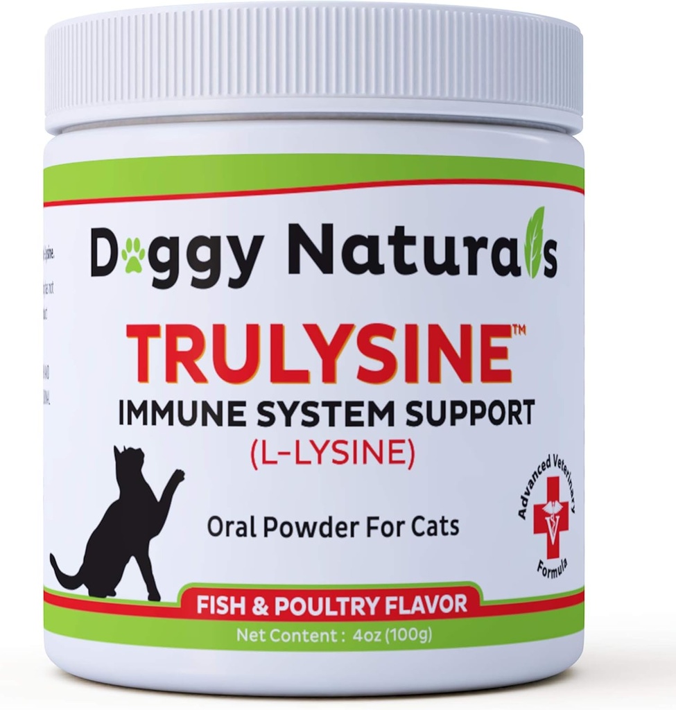 Trulyzín L-lyzín pre mačky Imunitná podpora Perorálny prášok 4oz/100g - Mačky a mačky všetkých vekových skupín, dýchavičnosť, squinting s ranným nosom, vodnaté oči - Fish & Hydin Flavor (U.S.A) [100 gramov (500mg / Scoop) ]
