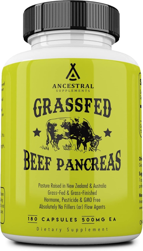 Ancestral Dopplements Grass Fed Beef Pancreas Supplement, 500mg, Pankreatická podpora s Proteolytic Digestive Enzymes for Digestion Support, Vrátane Trypsin, Non GMO, 180 Kapsule