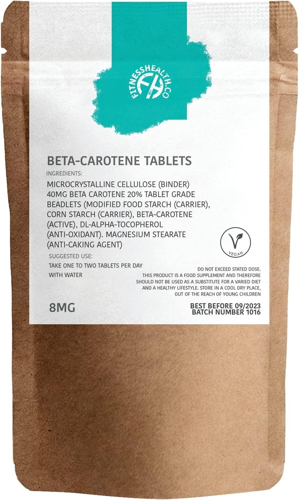 Fitness Health Beta-Carotén 8MG 120 Tablety - Čistý zdroj vitamínu A - Zdravá koža a odolný systém - Tanning Accelerator - Gluten & GMO-free