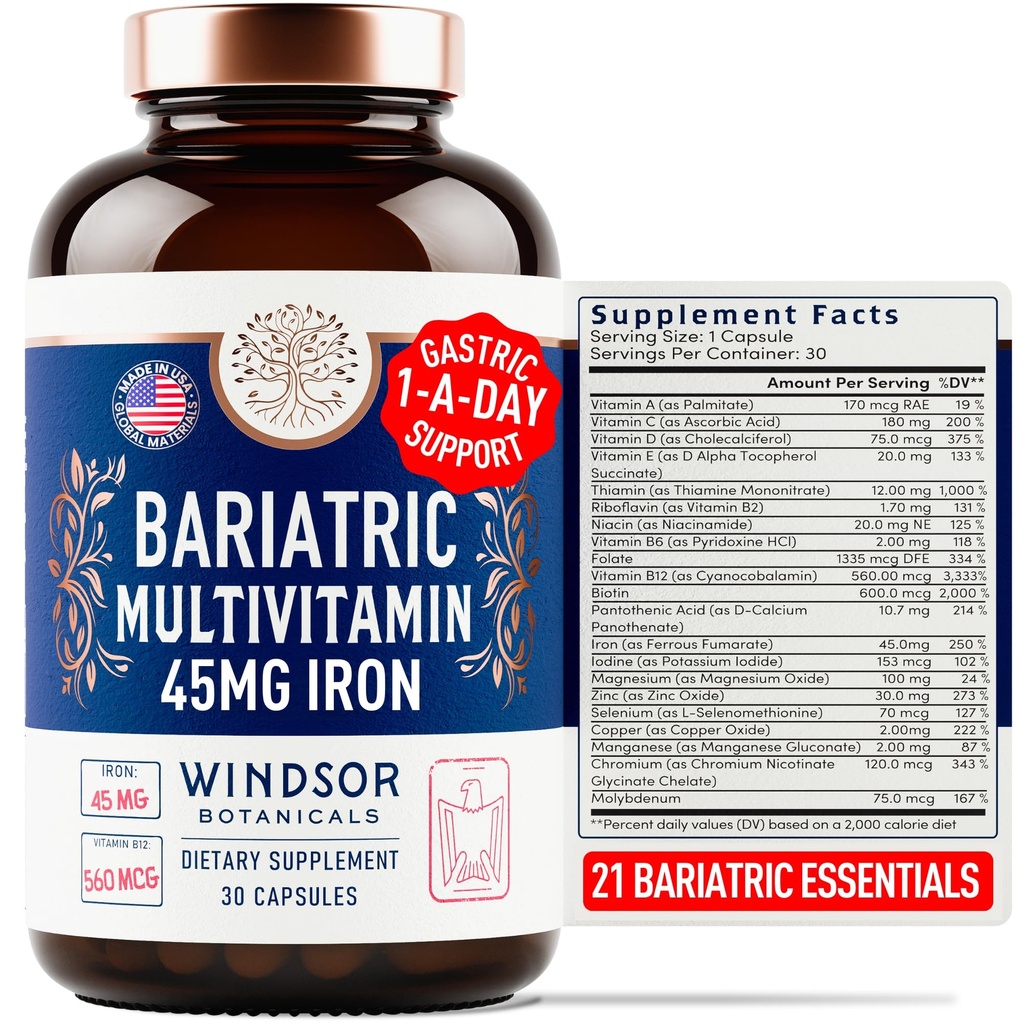 Bariatrický multivitamín so železom - 45 mg železa Ľahko sa prehltne, jeden denne Bariatrické vitamíny pre ženy a mužov - Žalúdočný bypass, Obnova žalúdočného lejaku Vitamínové multivitamíny - 30 Caps