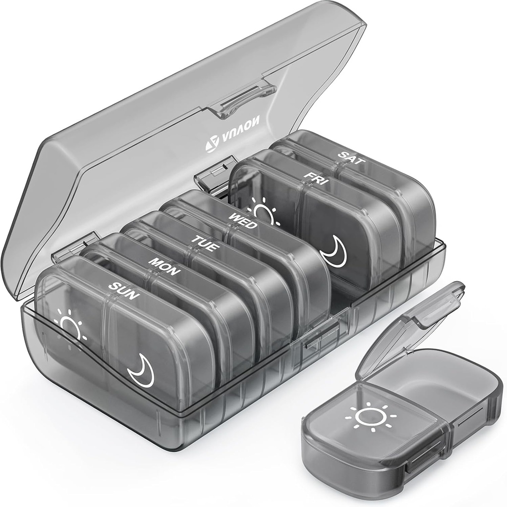 AUVON XL Týždenná pilulka Organizátor 2 krát denne, pilulka 7 deň s jedno-Side veľké otvory pre jednoduché použitie, šedá AM PM pilulka Prípad pre lieky, Vitamíny, rybie oleje, doplnky