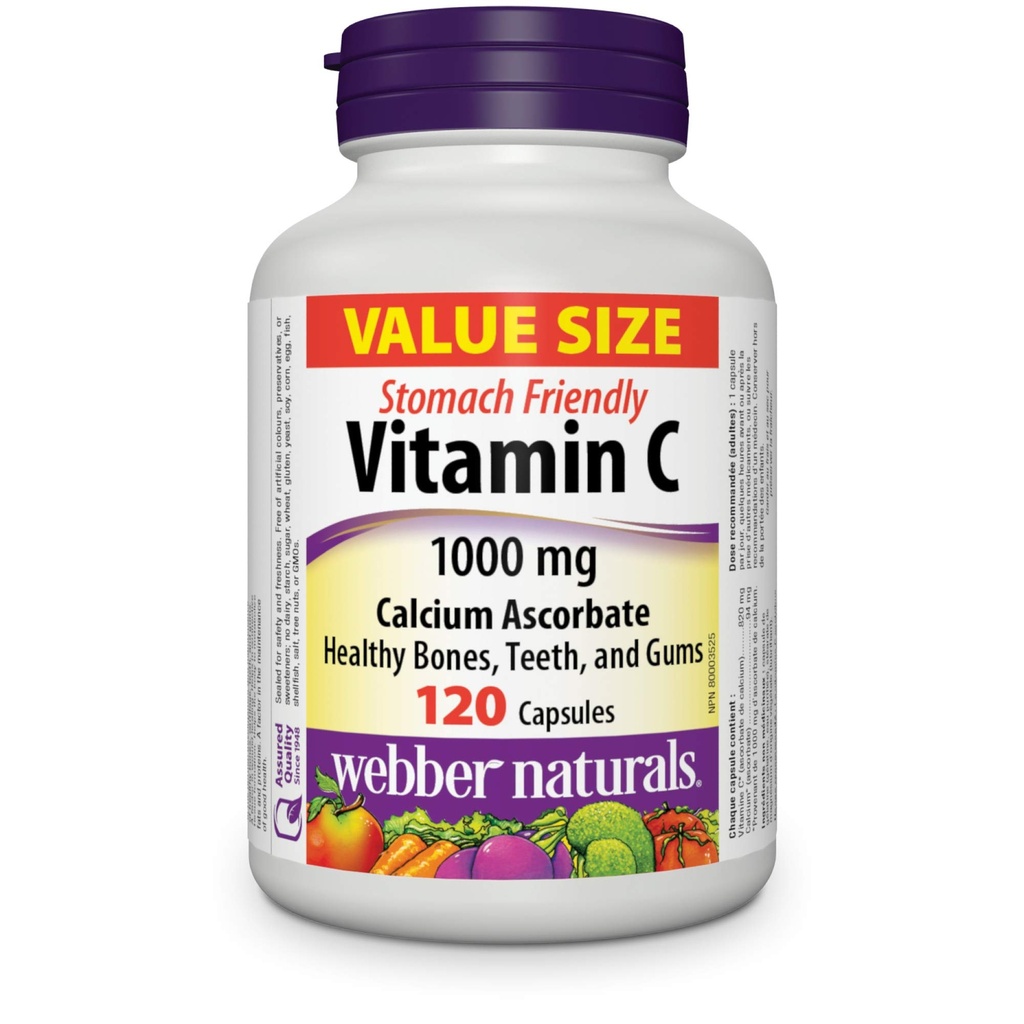 Webber Naturals Vitamín C Askorbát vápenatý 1000 mg · Žalúdok priateľsky, 120 kapsúl