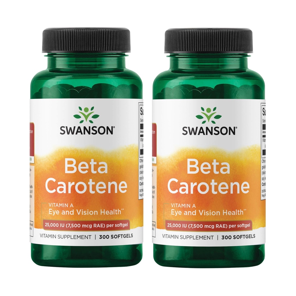 Swanson Beta-karotén Vitamín A 25000 IU kožný imunitný systém Zdravie Antioxidant Podpora 7500 μg 300 Softgels Počet (2 balenia)