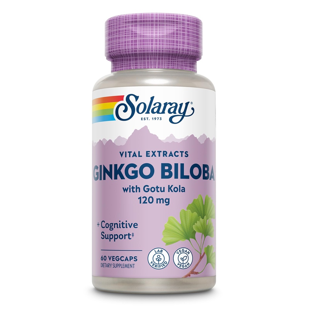 SOLARAY Ginkgo Biloba Extract with Gotu Kola - Ginko Biloba Kapsule od Brain Health Support - Vegan, Lab Overené, 60-dňová záruka - 60 Servings, 60 VegCaps (60 VegCaps)