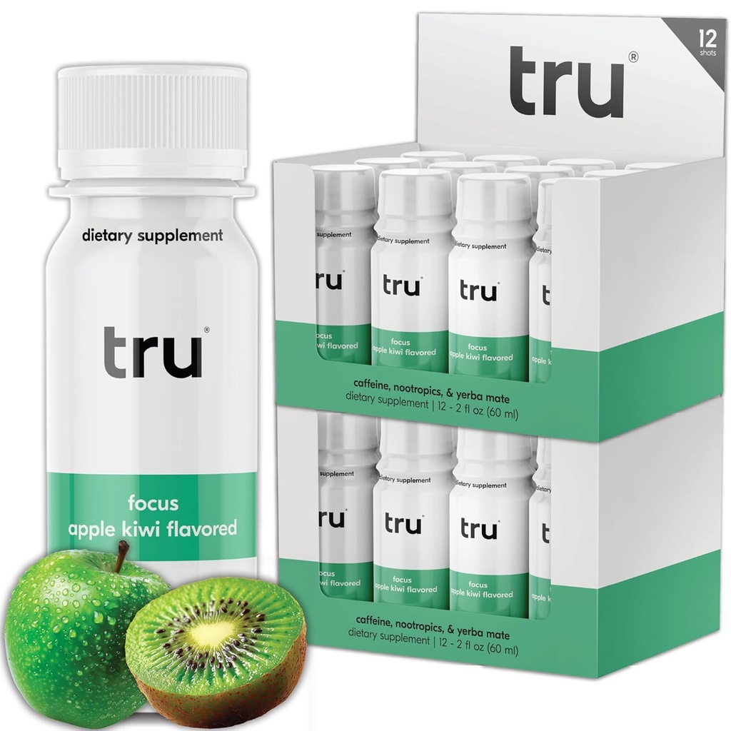 Tru Focus Shot, Apple Kiwi Ochutená extra sila Energetické Shoty - Zero Sugar Nootropic Drink plus Adaptogens, Choline, a Yerba Mate - Natural Caffeine, GF, Keto, Vegan Supplement, 2oz (Pack of 24)