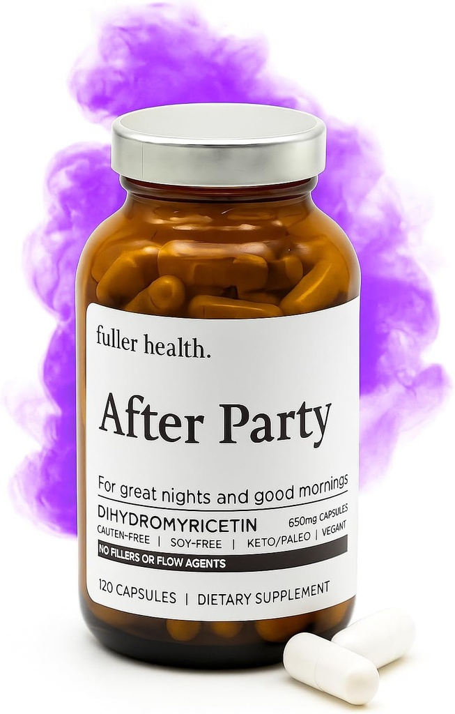 Fuller Health After Party DHM Dihydromyricetin Supplement | Supports Liver, Metabolism, Energy Levels, Post-Celebration Relief | Feel Refreshed, 650mg Per Pill | 1 Bottle, 24 Servings