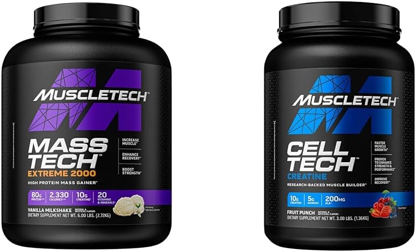 MuscleTech Mass Gainer Mass-Tech Extreme 2000, Muscle Builder Wheey Protein Powder & Creatin monohydrate Powder Cell-Tech Creatine Post Cvičenie zotavenie nápoj Sval Builder