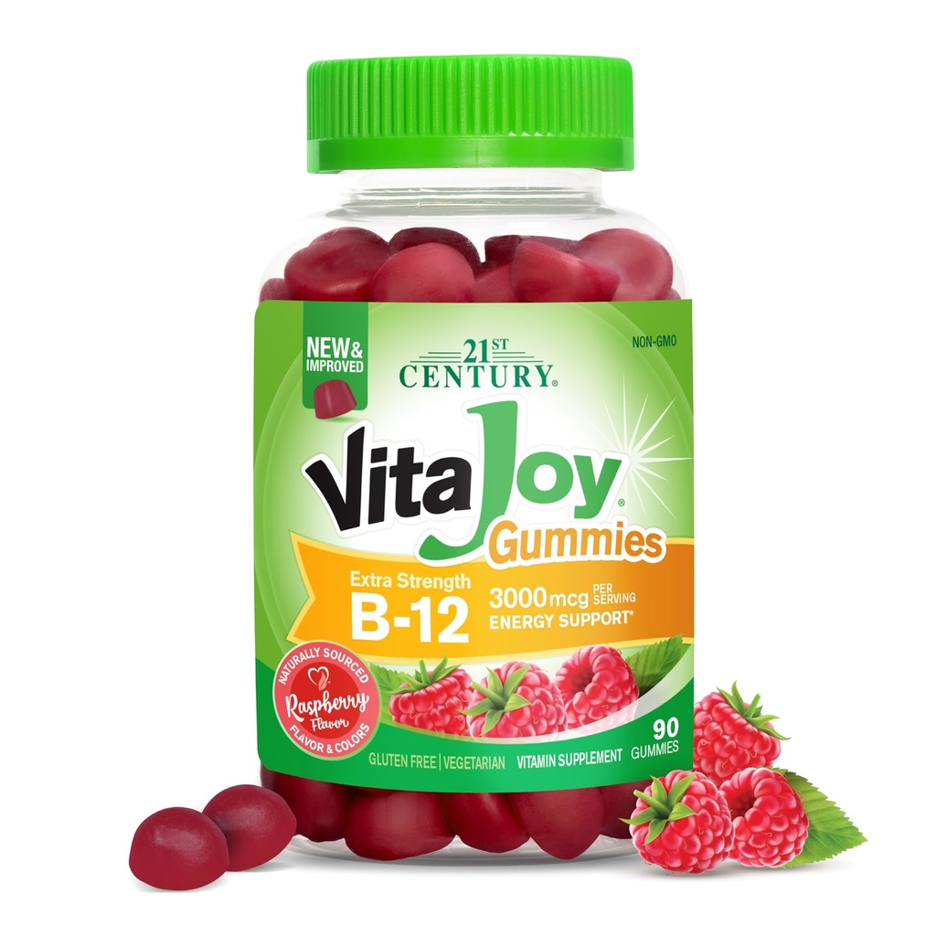 21. storočie VitaJoy Extra sila B-12 3000 mcg Gummies, Malina, 90 Počet