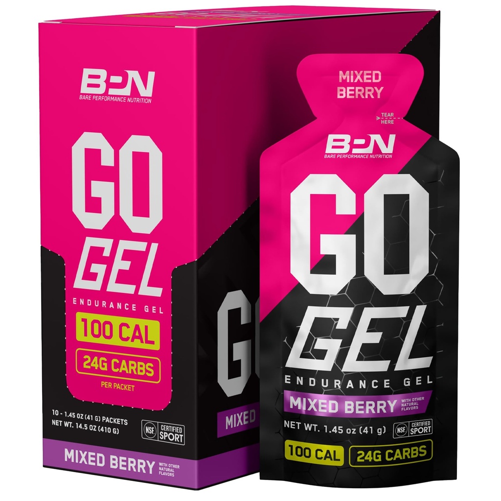 BARE VÝKONNOSTNÁ VÝKONNOSŤ, BPN Go Gél Endurance, 24 g karbohydrátov & 100 kalórií na balenie, Vegan + Gluten Free Running Gel, 10 jednosádzacích balíčkov, zmiešané Berry