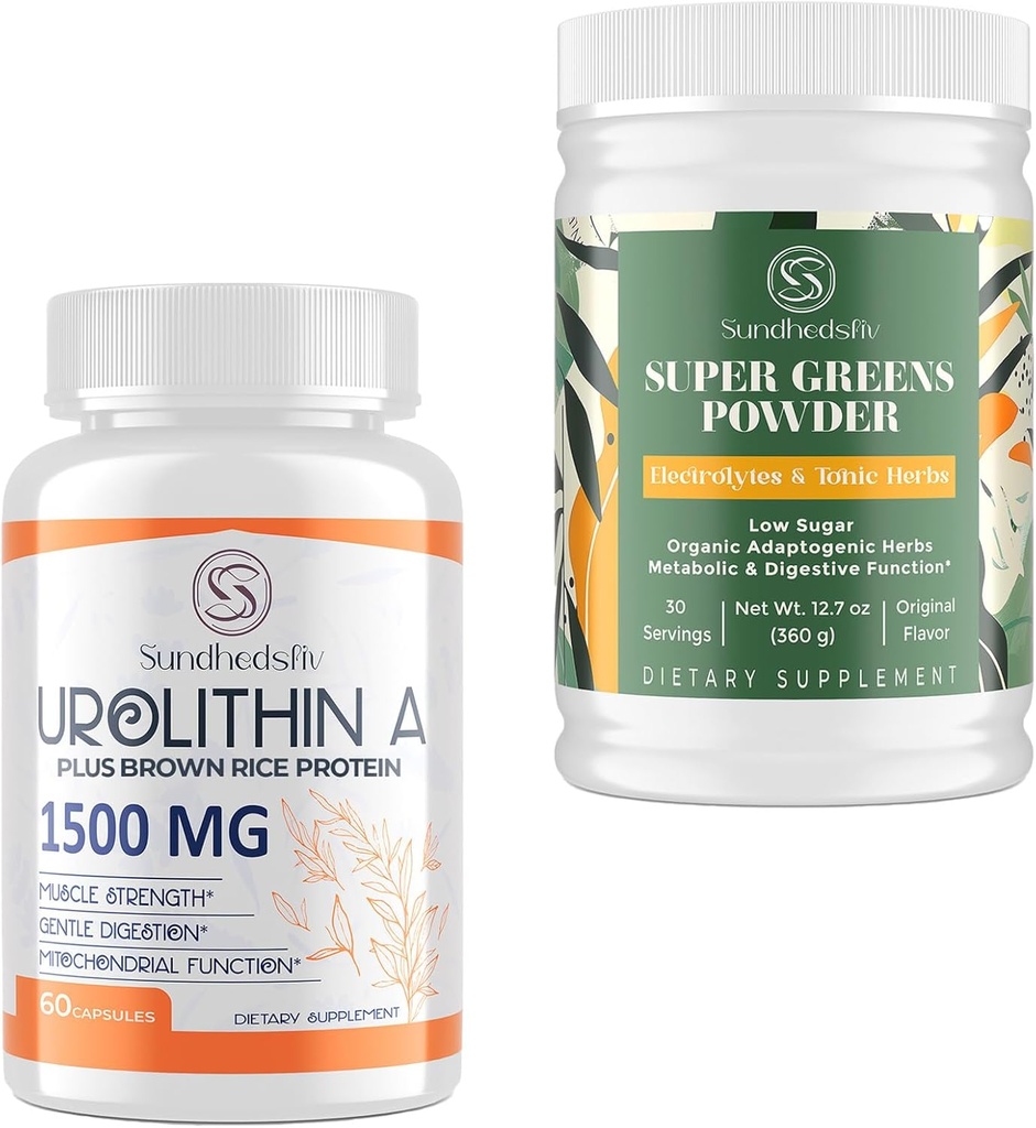 Urolithin A Supplement 1500MG Plus Brown Ryce Protein + Super Greens Powder Superfood Supplement with Electrolytes & Tonic Herbs