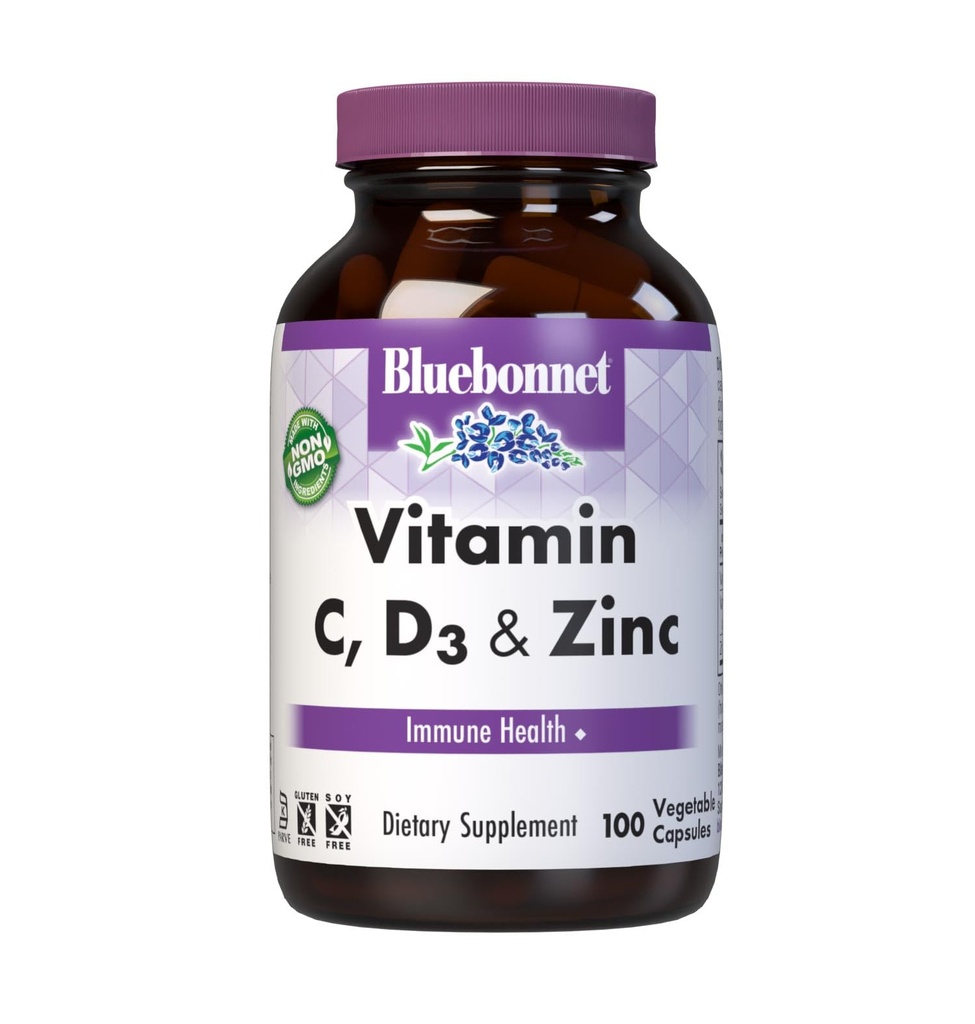 Bluebonnet Nutrition Vitamín C, D3 & Zinok, pre imunitné zdravie a respiračné funkcie*, Soy-free, Gluten-free, non-GMO, Kosher Certified, Mliečne, 100 Rastlinné kapsule, 100 Servisov