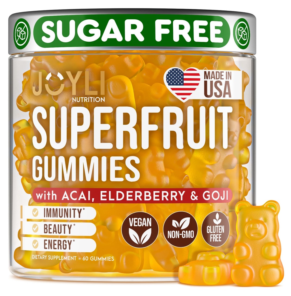 Joyli Superfruit Gummies - Bezcukrové ovocie Multivitamínové Gummy pre dospelých - Prírodné Gumové vitamíny pre ženy a mužov s Goji, bazami, vitamínmi A, C, D a E - podporuje imunitu, zažívanie a energiu