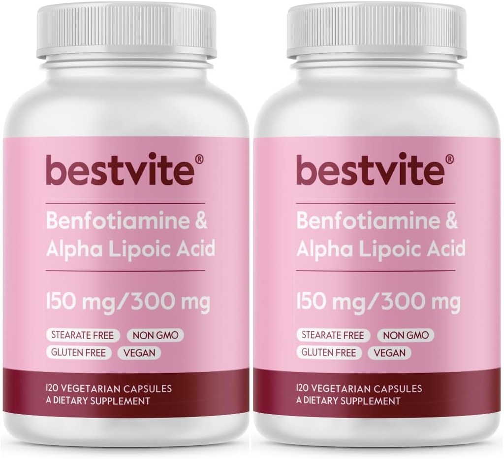 Benfotiamín 150 mg / Kyselina alfa Lipoová 300 mg (240 Vegetariánov kapsuly) (120x2) - Žiadne stearáty - Vegan - Gluten Free - Non GMO
