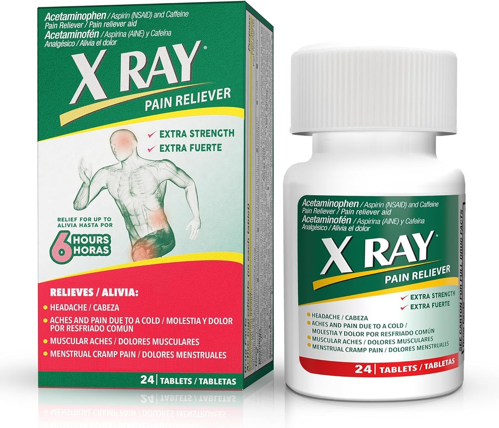 X RAY Extra sila bolesť Relief: Acetaminofén 500 mg, Aspirín, kofeín - 24 tabliet Každý, Silný vzorec pre migrény, bolesti hlavy, a bolesti chrbta úľava, znižuje zápal