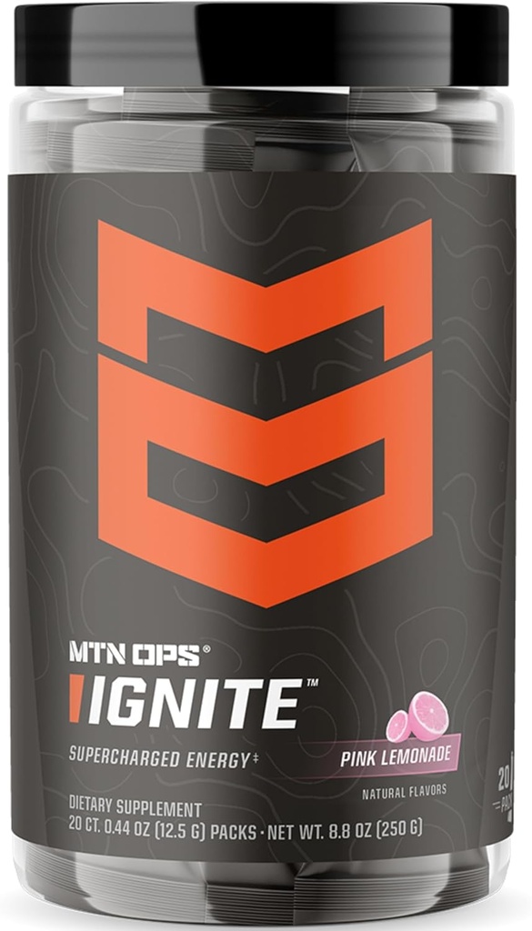 MTN OPS Ignite Trail Packs Energy Drink Powder, Gluten Free Nootropic Supplement Drink Mix, L Arginine, L Citruline, Caffeine & Nootropic Cucur Free Drink Mix, 20 Servings, Pink Lemonade