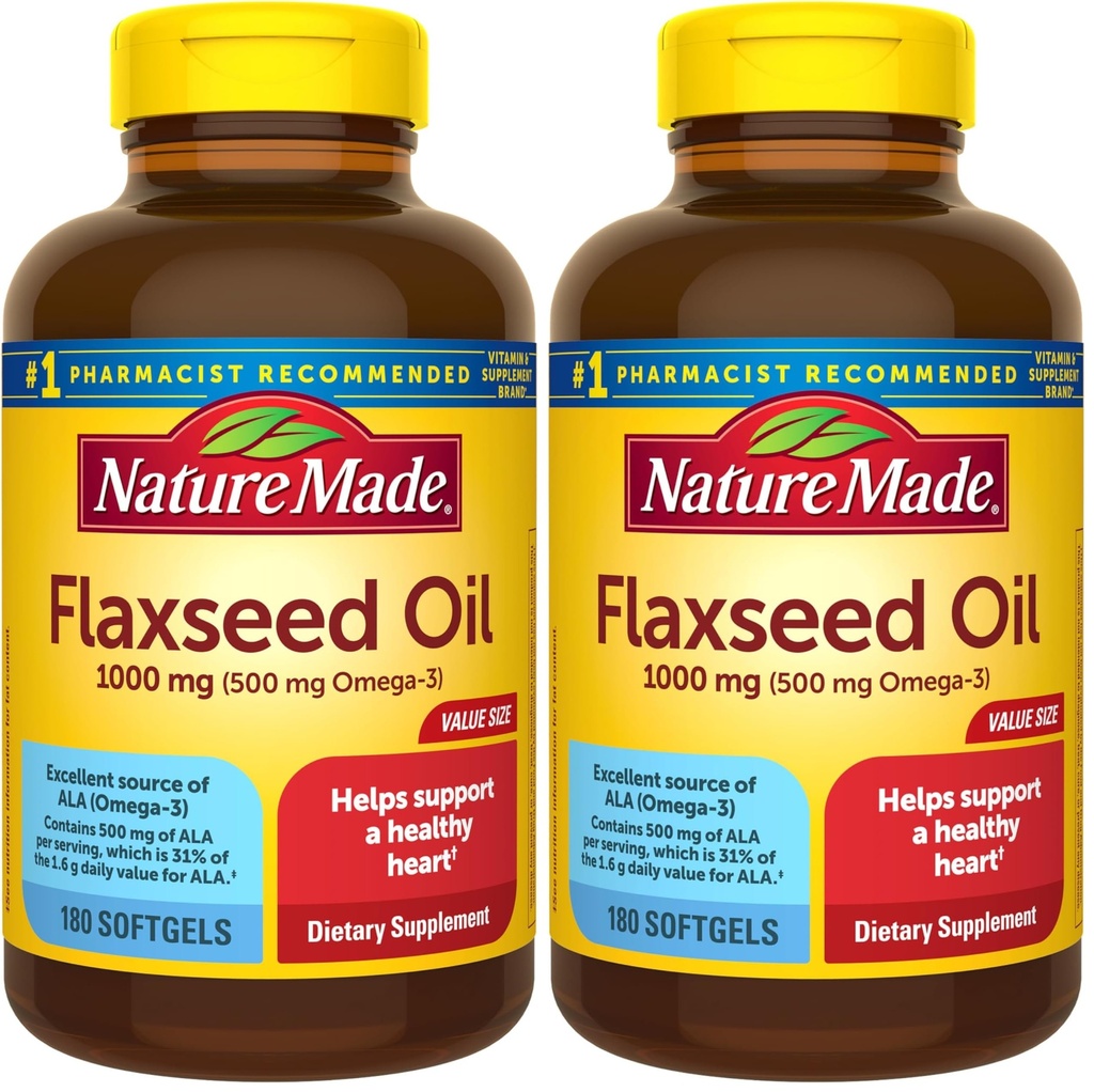 Nature Made ľanový olej 1000 mg, Dietary Supplement for Heart Health Support, 180 Softgels (Pack of 2)