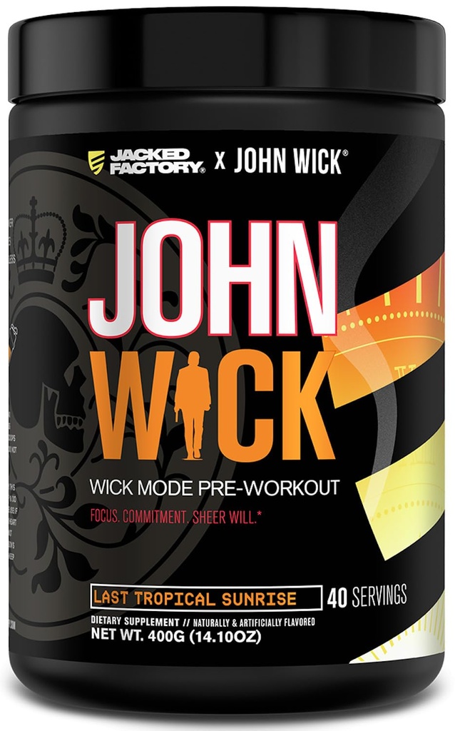 Jacked Factory X John Wick - Wick Mode pred tréningom prášok - intenzívna energia, boj-pripravený zameranie, nezastaviteľný záväzok, a Sheer Will - 40 slúži, posledný tropický východ slnka