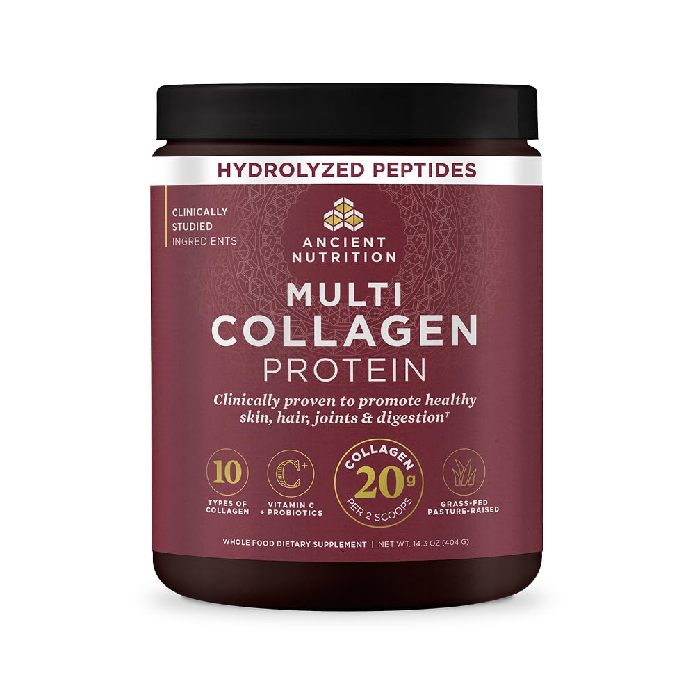 Staroveká výživa Kolagén Peptidy Prášok, Multikolagén Protein, Ženy a muži, Vitamín C, Probiotiká, Hydrolyzovaný kolagén, Podporuje pokožku, kĺby, Gut zdravie, Nearomatizované, 40 Servisov