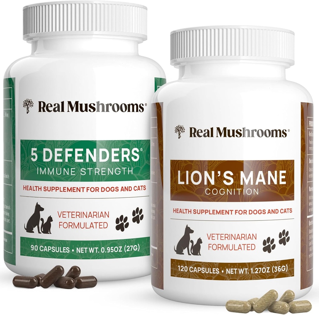Skutočné Huby 5 Obrancovia pre domáce zvieratá (90ct) a Lions Mane pre domáce zvieratá (120ct) - Bundle pre imunitnú silu & Cognition - Vegan, Non-GMO, Gluten-free, Grain-free Huba Domáce doplnky