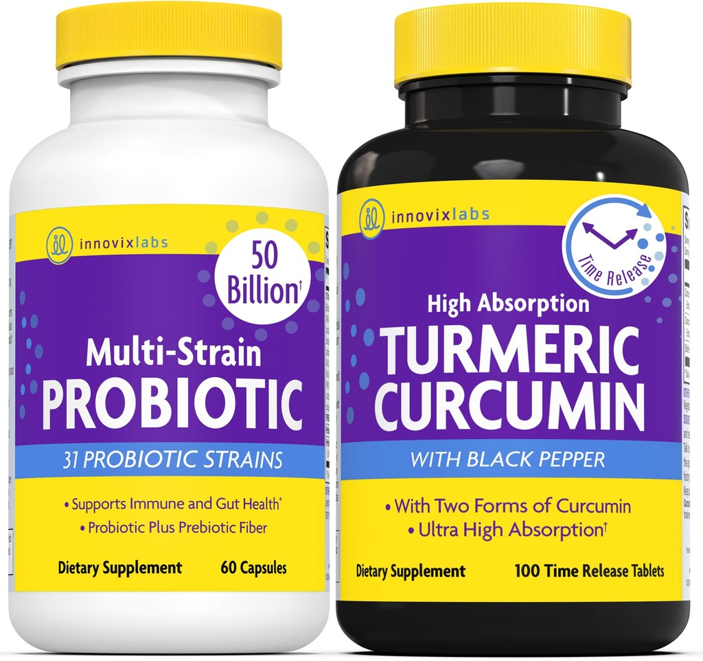 InnovixLabs Multiprobiotic & Curcumin Bundle Multi-Strain Probiotic (60 Kapsule Time-Release) Turmeric Curcumin (100 tabliet Time-Release). Podporuje Gut a Immune Health. *