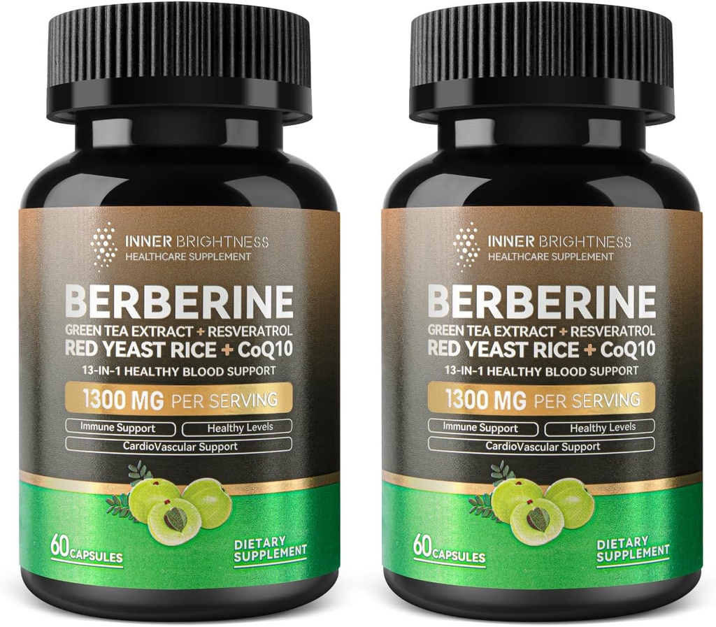 Berberine 1300mg s extraktom zo zeleného čaju, Resveratrol, Red kvasinka ryže & CoQ10 