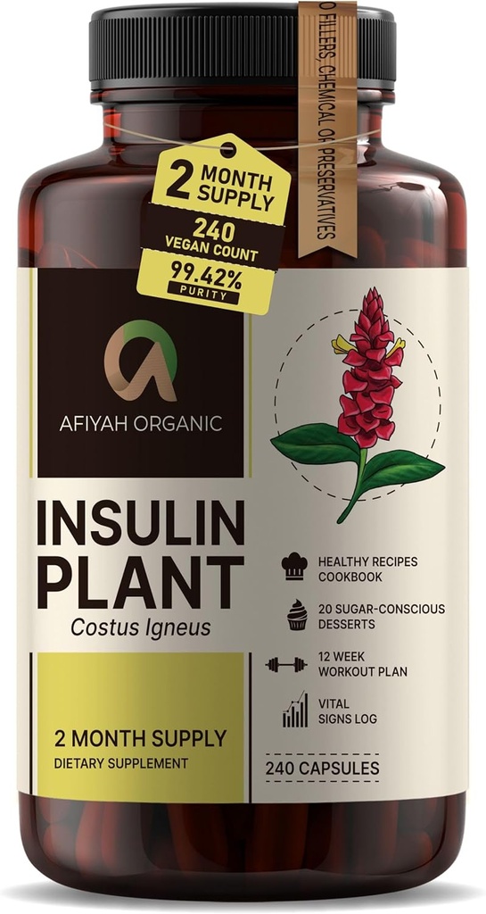 Premium Quality Costus Igneus (Insulin Plant) Kapsule - Ľahko prehltnúť 240 Veggie Kapsule (2 mesiace dodávky) - Made in The USA - Vrátane kompletný program podpory zdravia