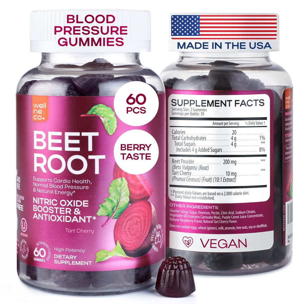Repné žuvačky pre vysoký krvný tlak - Beet Root Gummies vyrobené v USA s tart Cherry - Doplnky oxidu dusnatého pre energiu a zdravie Cardio - Vegan, No GMO, Pektín Based - pre ženy a mužov, 60 ks