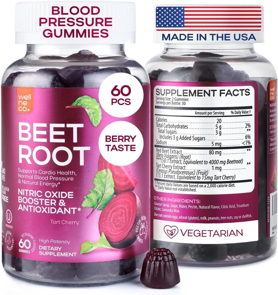 Repné žuvačky pre vysoký krvný tlak - Beet Root Gummies vyrobené v USA s tart Cherry - Doplnky oxidu dusnatého pre energiu a zdravie Cardio - Vegan, No GMO, Pektín Based - pre ženy a mužov, 60 ks