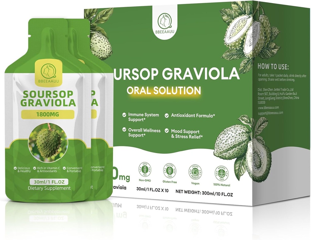 Soursop Graviola perorálna tekutina 10 FL.OZ, vysoká absorpcia Soursop Bitters Drink pre ženy a mužov, čerstvé Graviola Fruit Extract pre bunky* Regenerácia, Immune & Antioxidant Podpora, Ananásová aróma