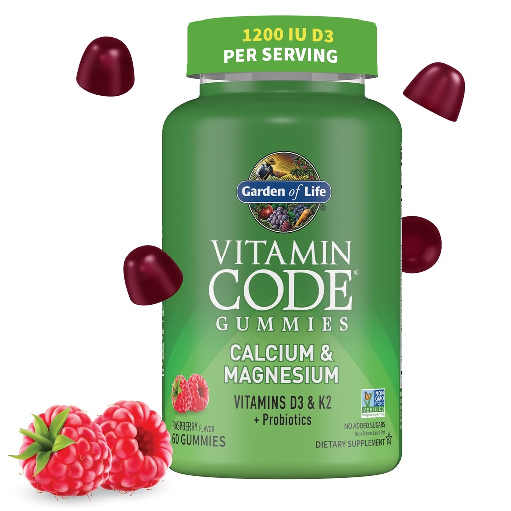 Záhrada života Vitamínový kód Magnézium Gumies s D3 & K2, podporuje zdravie kostí a kostnej sily + Prebiotiká a probiotiká na podporu trávenia, non-GMO, bez lepku, 60 Malinová Gummy