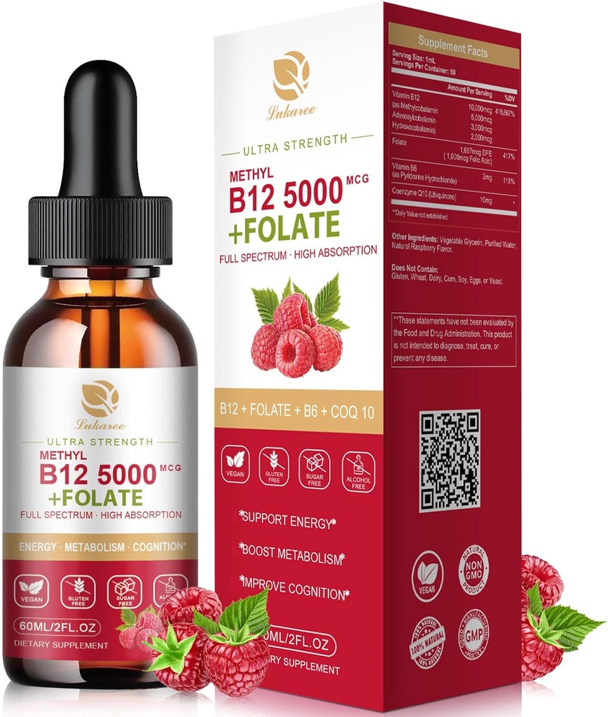 Lukaree Vitamín B12 Sublingválne kvapky Vegan B12 Vitamíny Liquid-Full Spectrum-Metylkobalamín, Adenozyl & Hydroxy B12, pre energiu, Focus, Mood & Immune Support- 2 mesiace dodávky, 2 fl oz