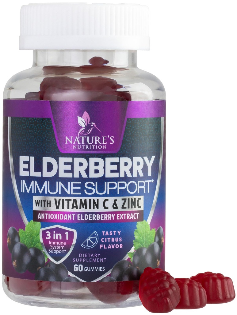 Imunitná podpora Gumies - Sambucus bazová Gumička s extraktom z bazy čiernej, zinok a vitamín C, Prírodná vegánska imunitná podpora doplnok pre dospelých a deti, Gumové vitamíny z bazy čiernej - 60 Gumies