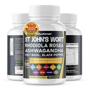 St. John's Wort Rhodiola Rosea Ashwagandha Holy Basil Valerian harmanček čierne korenie -150 Kapsule- vyrobené v USA