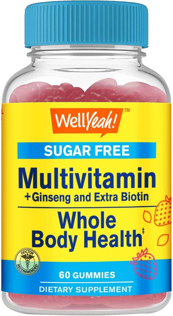 Multivitamínové guličky bez cukru s ženšenom, vitamínom A, C, D3, E, B12, B6, B1, B2, B5, niacínom, kyselinou listovou, biotínom, jódom, zinkom, chrómom, molybdénom, lykopénom, inozitolom - Veganom - 60 gummiami